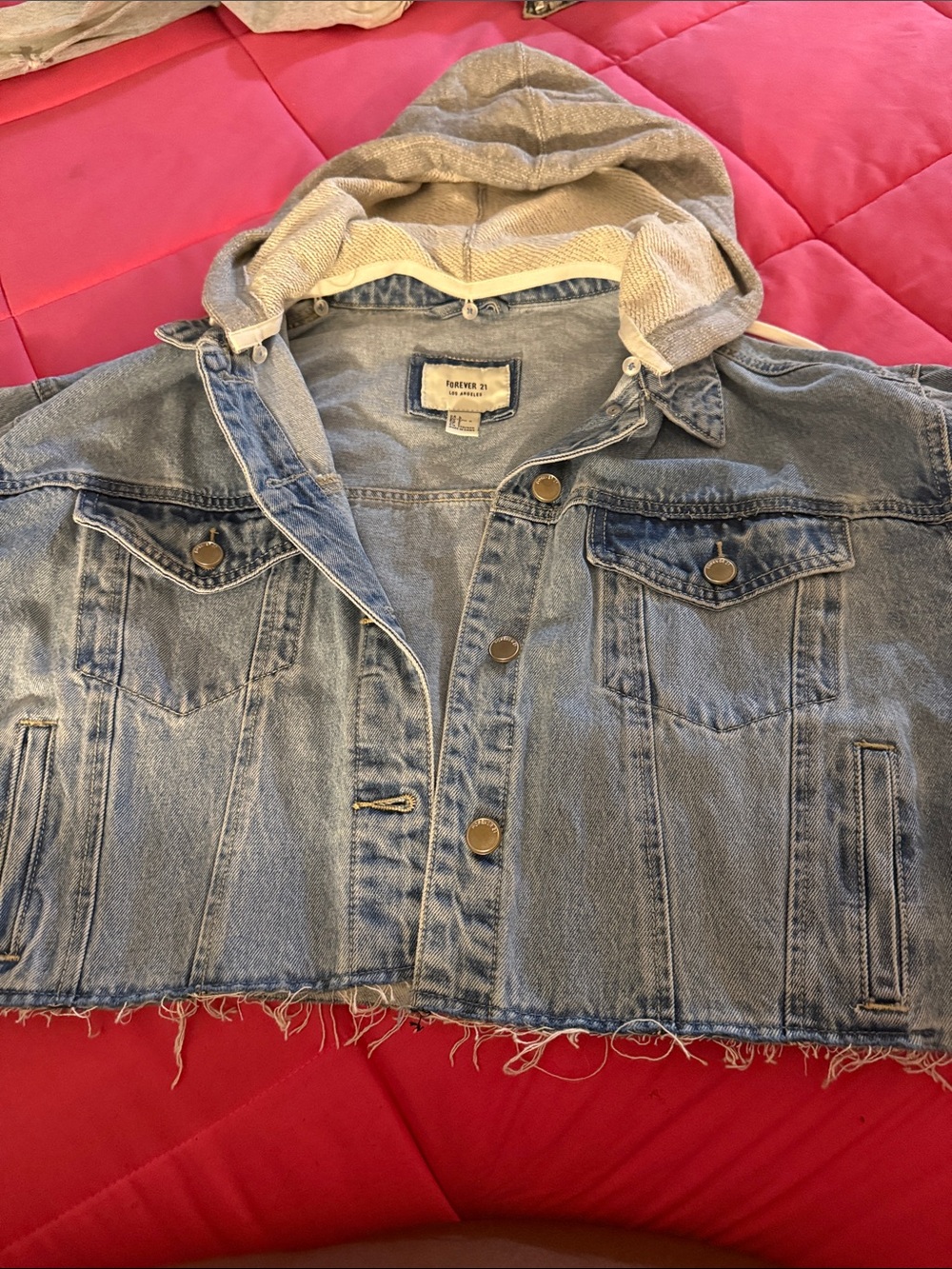 Forever 21 Light Blue Cropped Denim Jacket with Gray Hooded Lining (detachable)